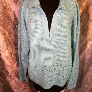 Ann Taylor Light Blue Crochet Collared V-Neck Sweater